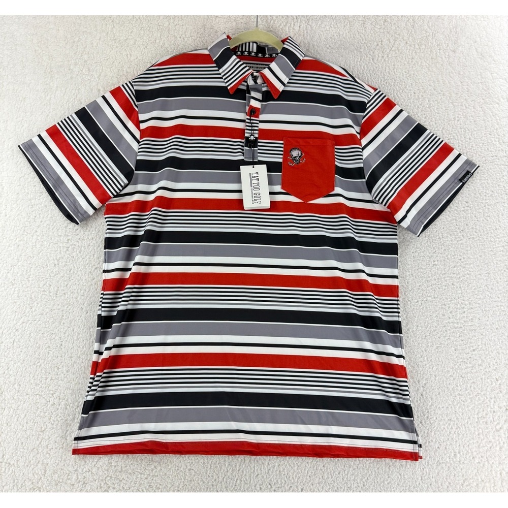 Tattoo Golf Performance Polo Shirt Mens Size XL Red Black Stripe ProCool Fabric‎